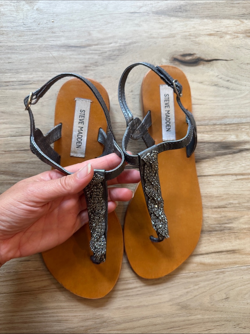 Steve Madden Metallic T-Strap Crystal Sandals